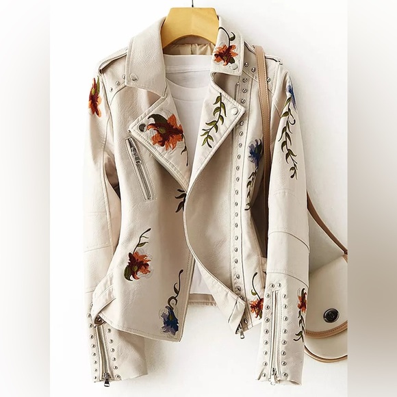 Cezele Jackets & Blazers - Faux Leather Floral Embroidered Moto Jacket NEW